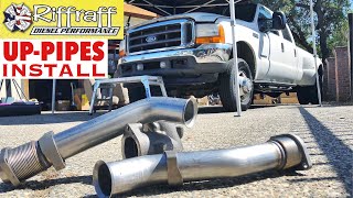 2001 F350 73  RiffRaff UpPipes Install  Stock up pipes leaking and falling apart JUNK SP [upl. by Piderit54]